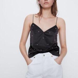 Zara - Elegant Black Pearl-Embellished Women's Top
